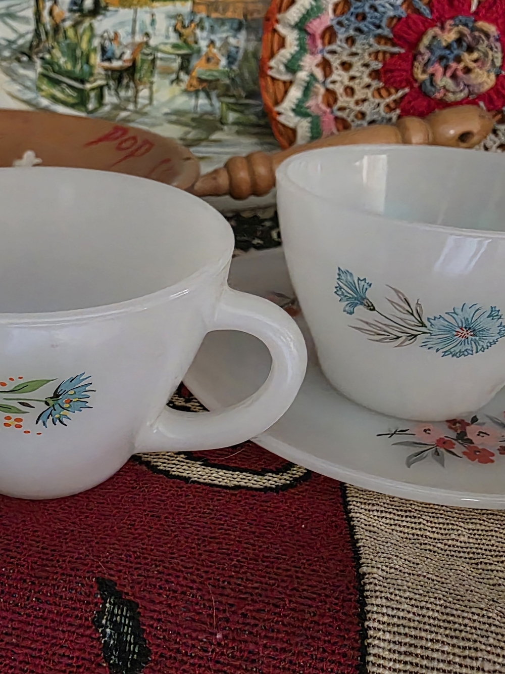 Fire King White Milk Glass Teacups with Blue Accent Flowers And Saucer With Pink